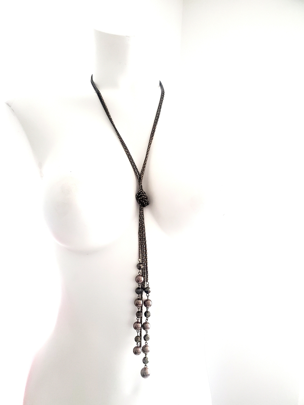 Long Knotted Lariat Necklace with Gunmetal Beads - Women Jewelry